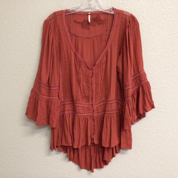Free People Boho Tunic Top Blouse Size XS Pin Tuck Buttons Burnt Orange - Picture 9 of 10